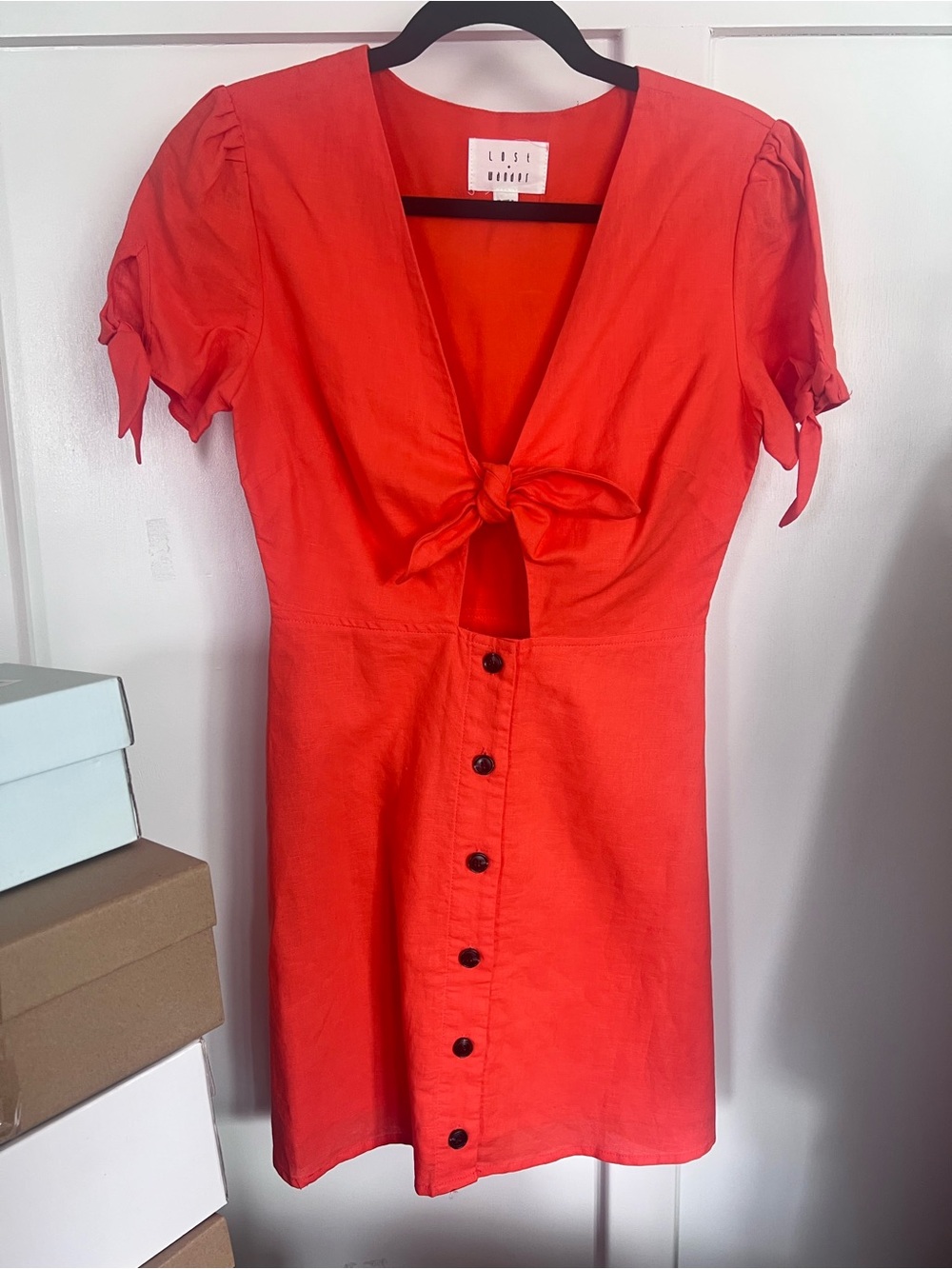 Lost + Wander Coral-Red Tie Front Button Mini Dress